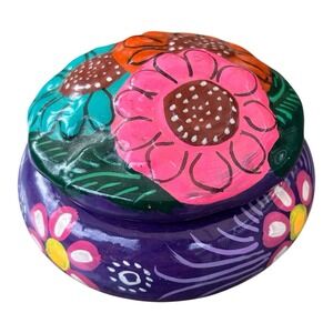 Colorful Mexican Folk Art Handpainted Flowers Covered Terra Cotta Trinket Box 3"